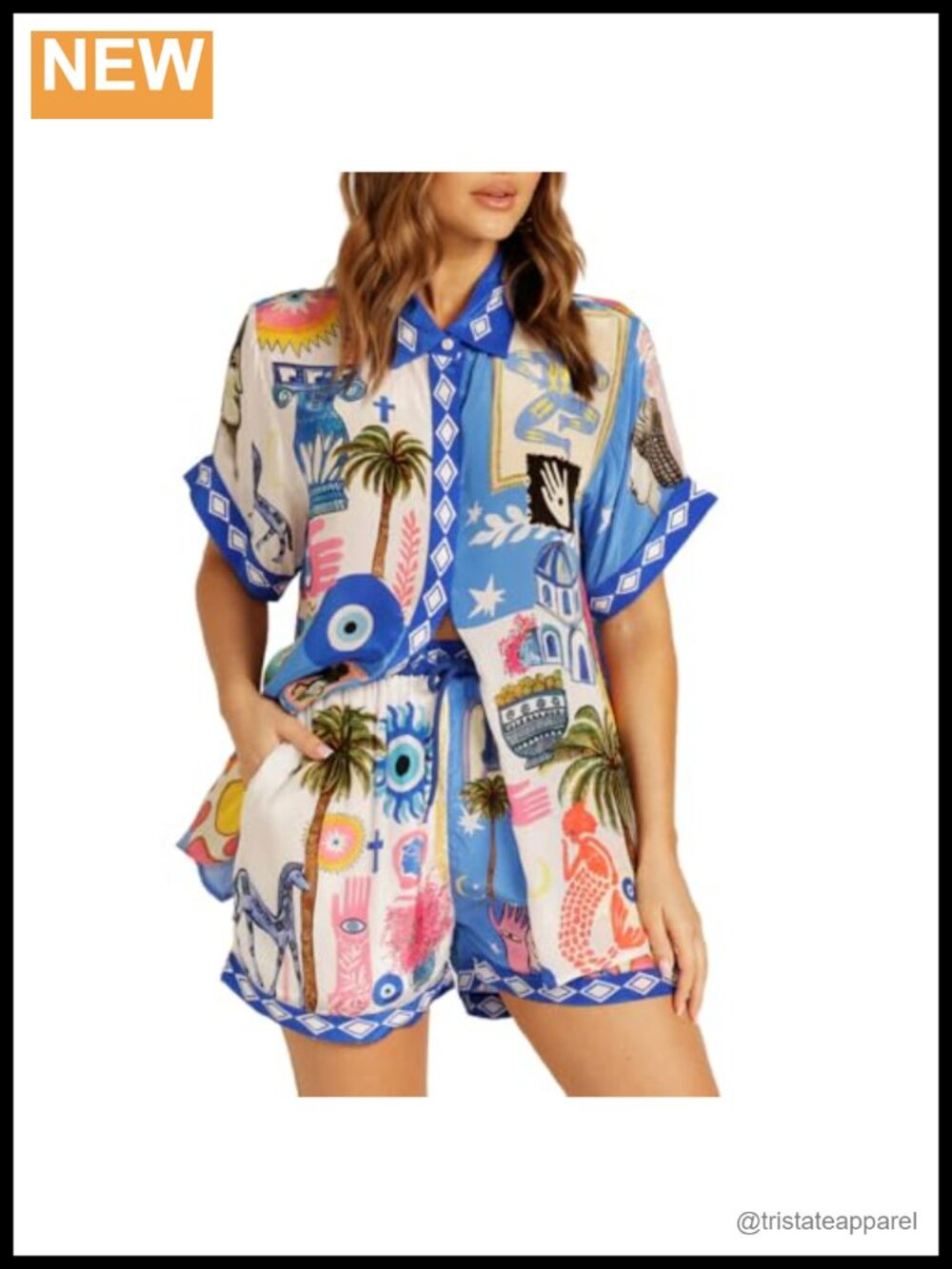 Women's 2 Piece Shorts Set Button Down Short Sleeve Shirt Drawstring Shorts
